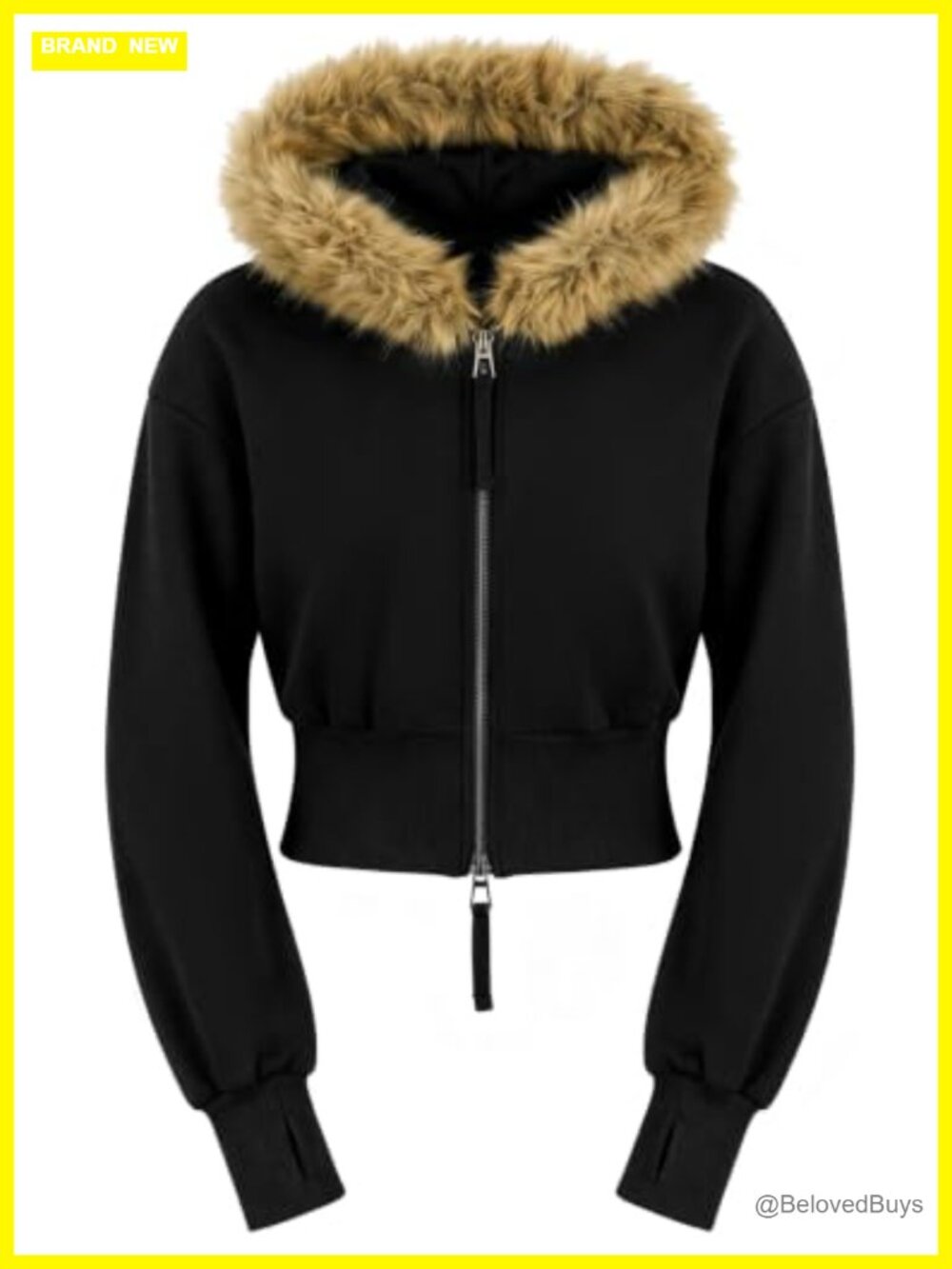 Womens Cropped Zip Up Hoodie Faux Fur Trim Y2K Grunge Jacket